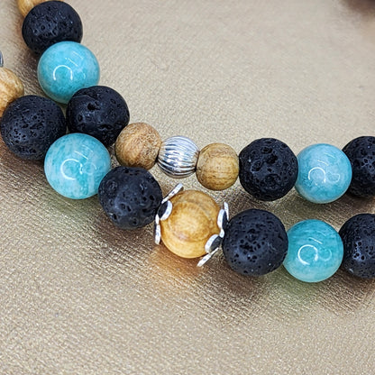 Bracelet Equilibre Energétique - Argent - Palo Santo - Amazonite - Lave & Cristal Fée de Laurier