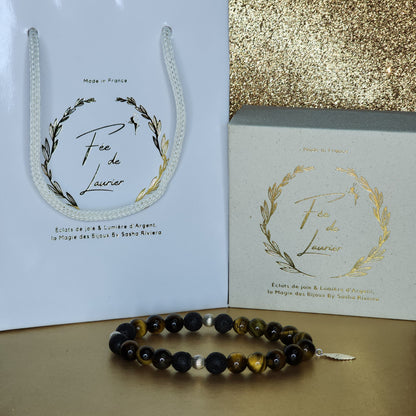 Bracelet Essence de Gaia – Œil de Tigre - Lave & Argent Fée de Laurier