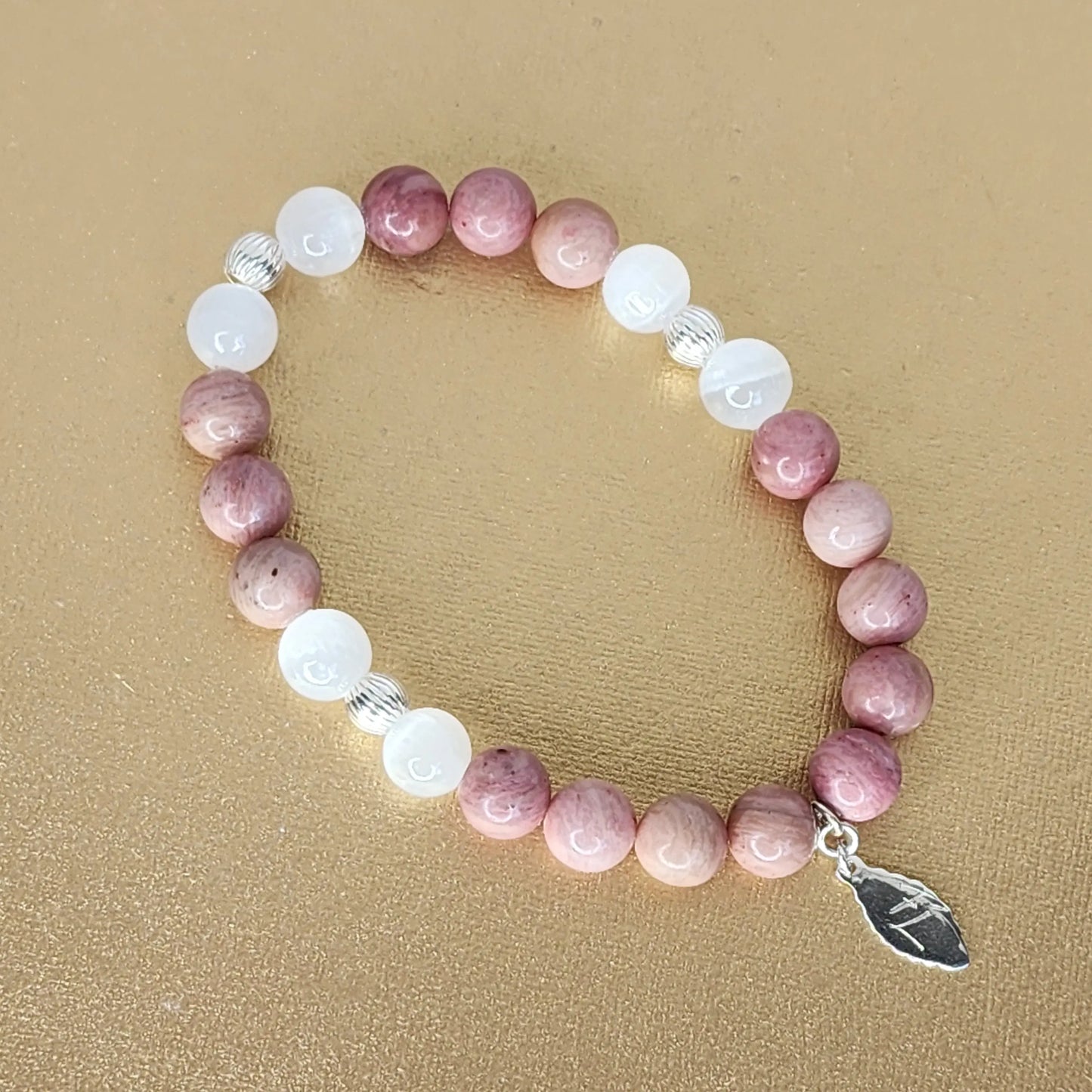 Bracelet - Rhodonite - Sélénite  - Argent - Guérison Céleste Fée de Laurier