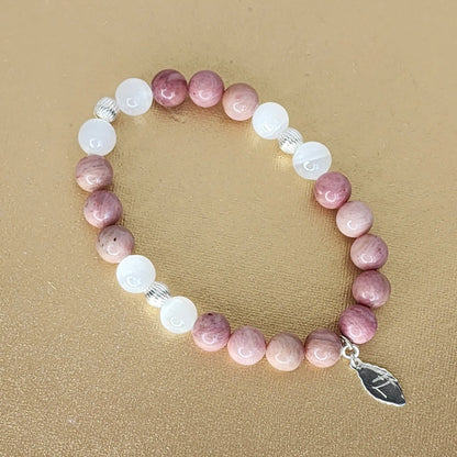 Bracelet - Rhodonite - Sélénite  - Argent - Guérison Céleste Fée de Laurier