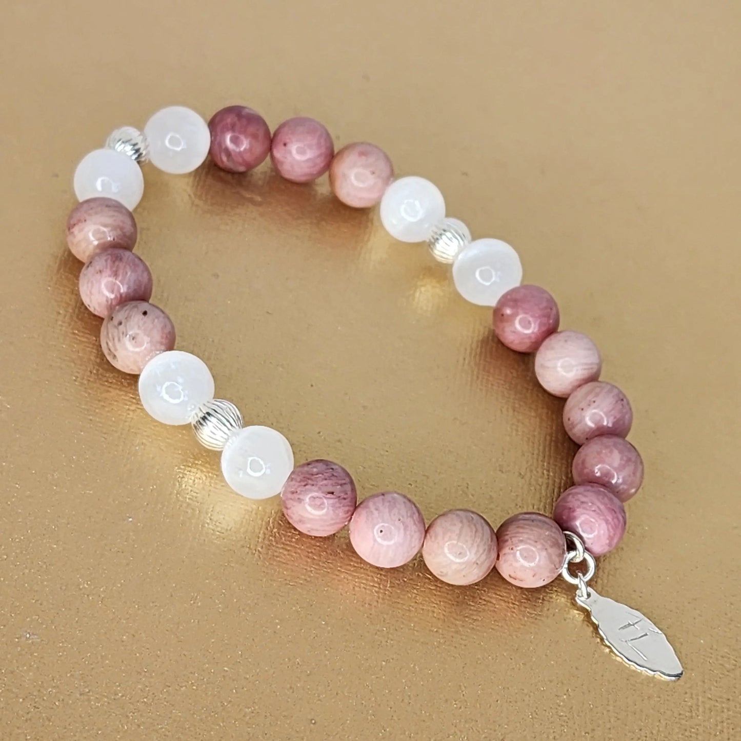 Bracelet - Rhodonite - Sélénite  - Argent - Guérison Céleste Fée de Laurier