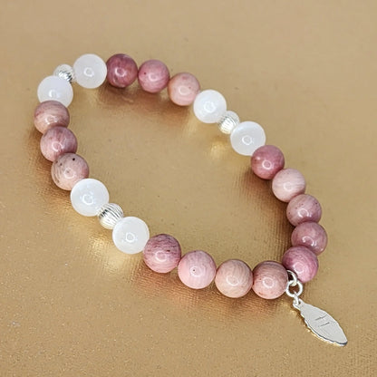 Bracelet - Rhodonite - Sélénite  - Argent - Guérison Céleste Fée de Laurier