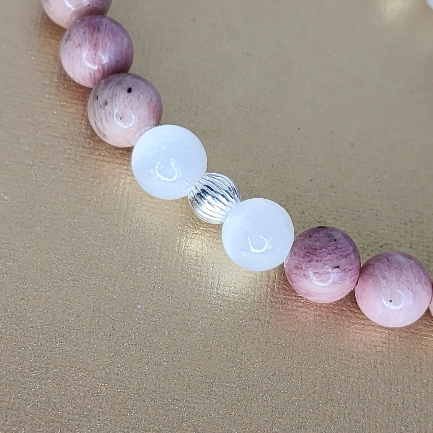 Bracelet - Rhodonite - Sélénite  - Argent - Guérison Céleste Fée de Laurier