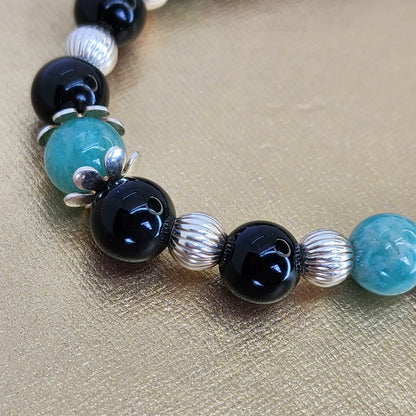Bracelet Bouclier de Sérénité - Obsidienne Dorée - Amazonite & Argent 925 Fée de Laurier